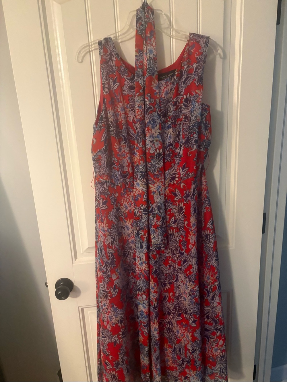Evan Picone Red and Blue Floral Maxi Dress with Neck Tie
